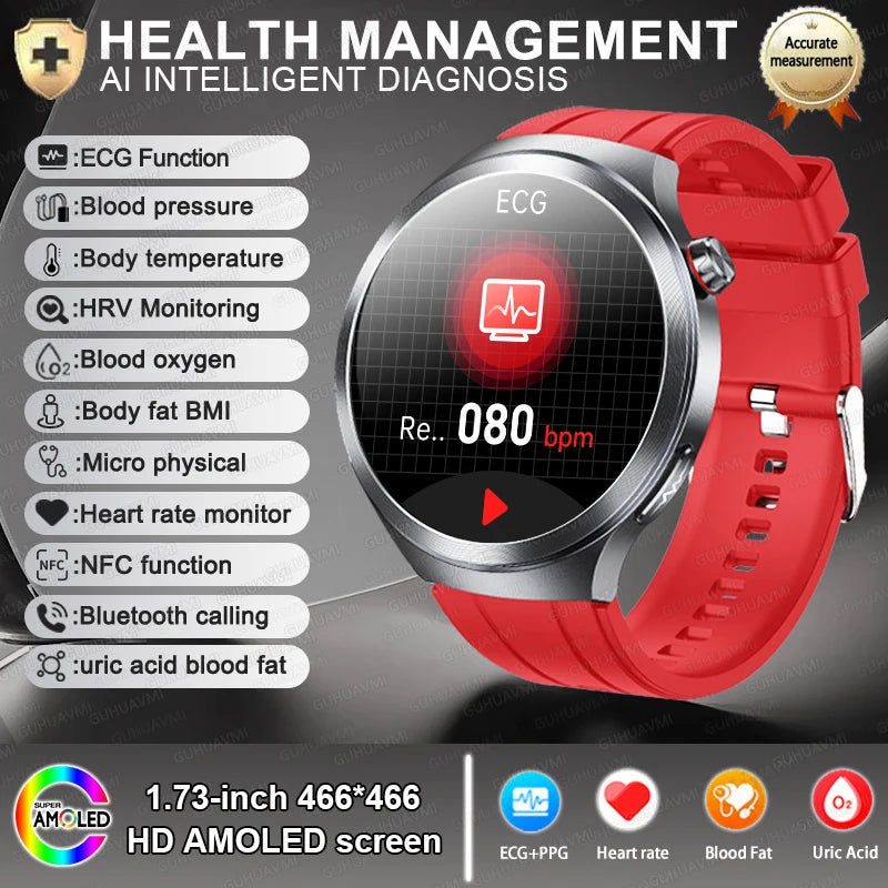 2025 New Health detection ECG+PPG Uric Acid Blood Oxygen Body Analysis Smart Watch Clock Bluetooth BT Call Smart Watch Men