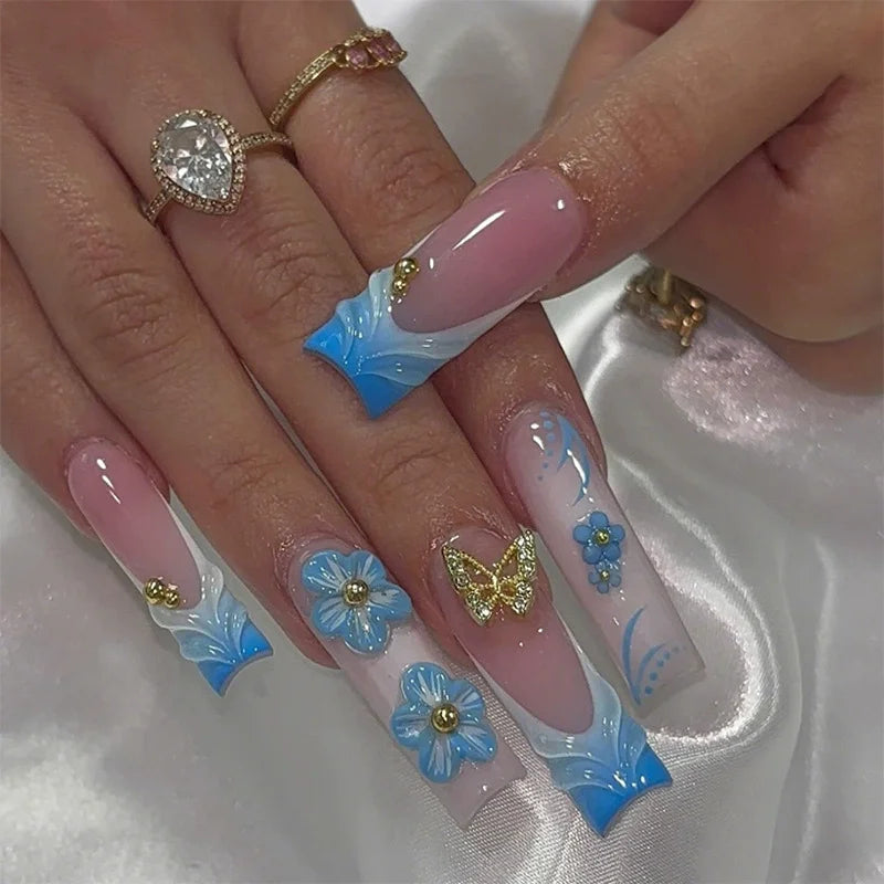 24Pcs Brown Long Coffin False Nails Glitter Ballet Wearable with French Design Fake nails Full Press on Nail Ins Nail Tips Art