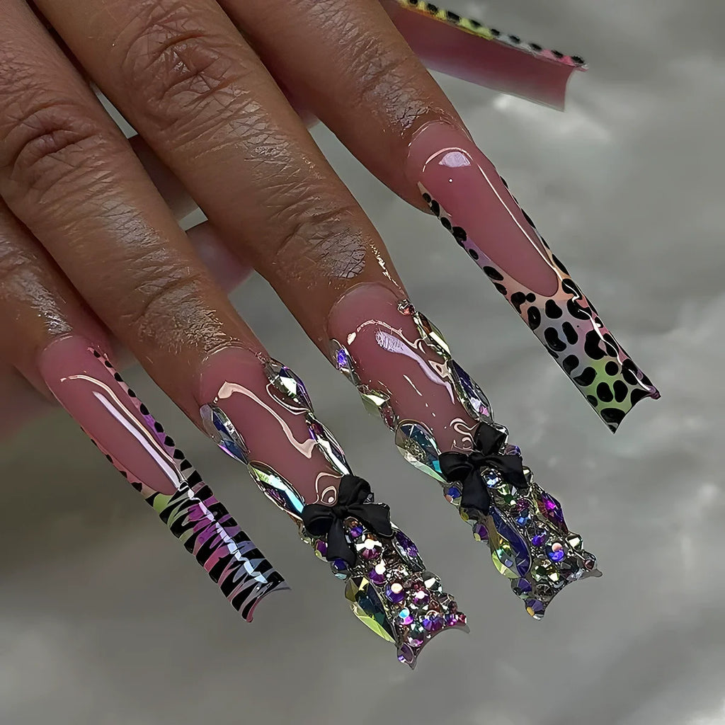 24Pcs Brown Long Coffin False Nails Glitter Ballet Wearable with French Design Fake nails Full Press on Nail Ins Nail Tips Art