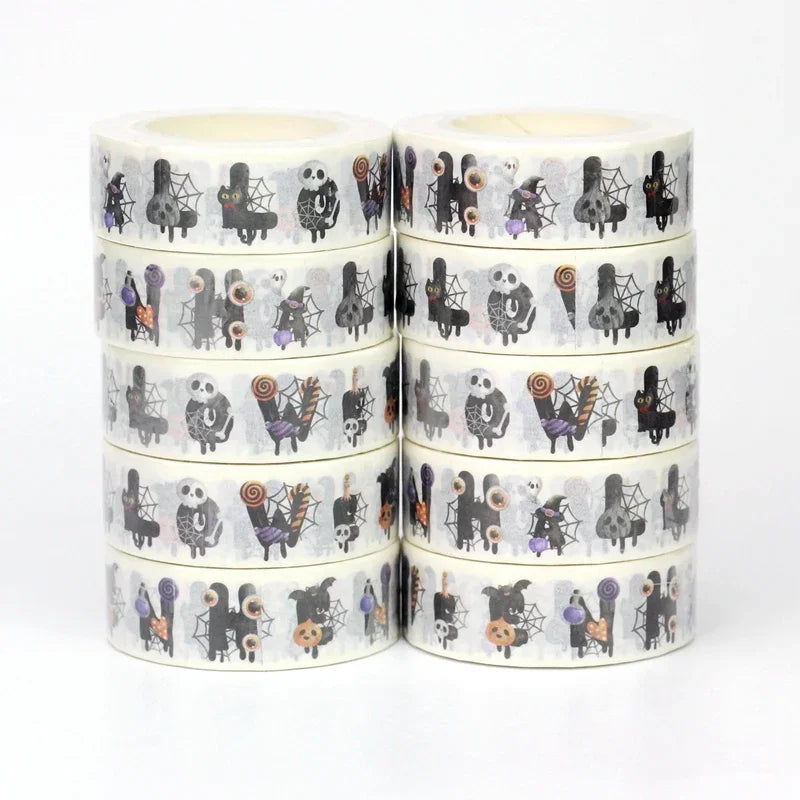 1pc 10M Deco Bat Rose Skull Black Cat Haunted House Halloween Masking Washi Tape Set for Scrapbooking Cute Journal Stationery
