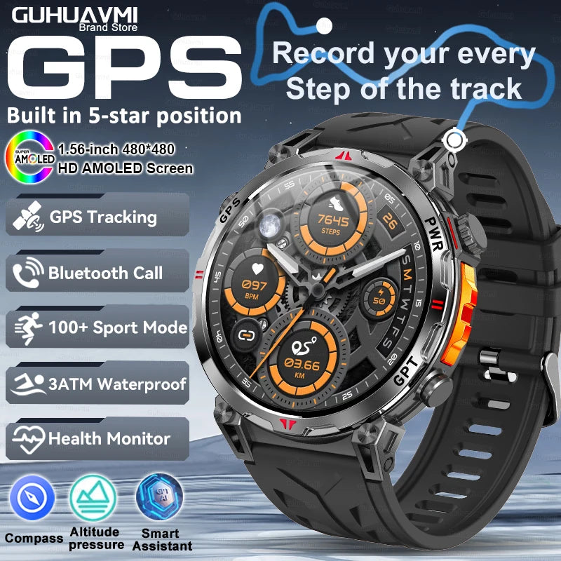 2025 New GPS Smart Watch AMOLED Screen 3ATM Waterproof Fitness tracking Heart Rate BT Call Professional Sports Smartwatch 650Mah