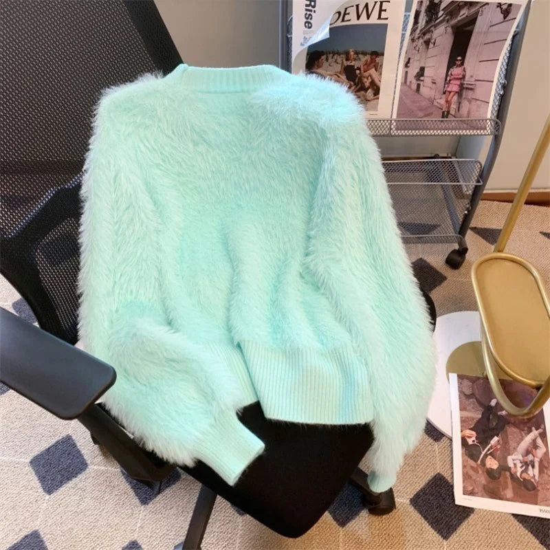 2025 Spring Autumn Women's Sweater Cardigan Jacket New Loose V-neck Imitation Mink Fur Sweater Jacket Female Knitted Tops Coat