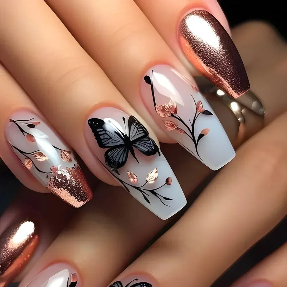 24Pcs Brown Long Coffin False Nails Glitter Ballet Wearable with French Design Fake nails Full Press on Nail Ins Nail Tips Art