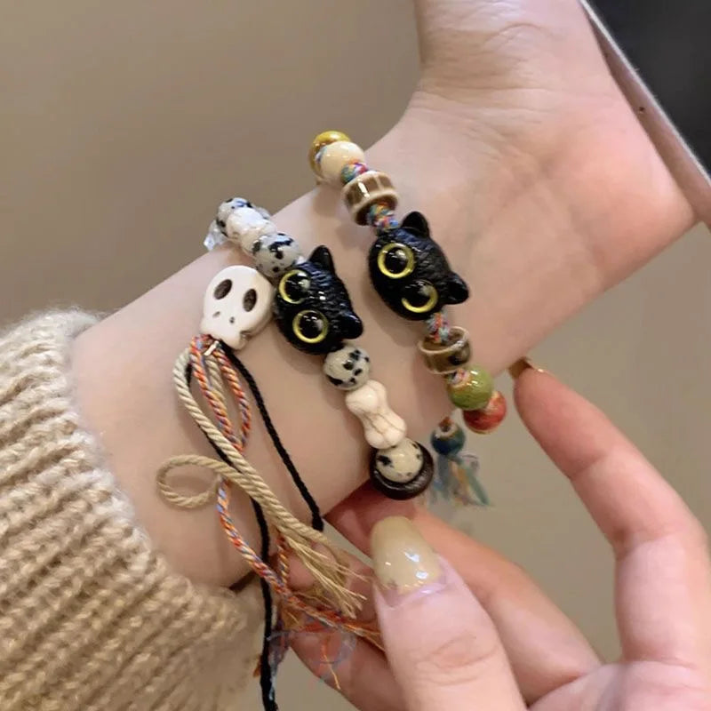 Handmade Adjustable Big Eye Cat Bracelet For Women Men Charm Luminous Beads Pet Bracelet Fashion Halloween Gothic Jewelry