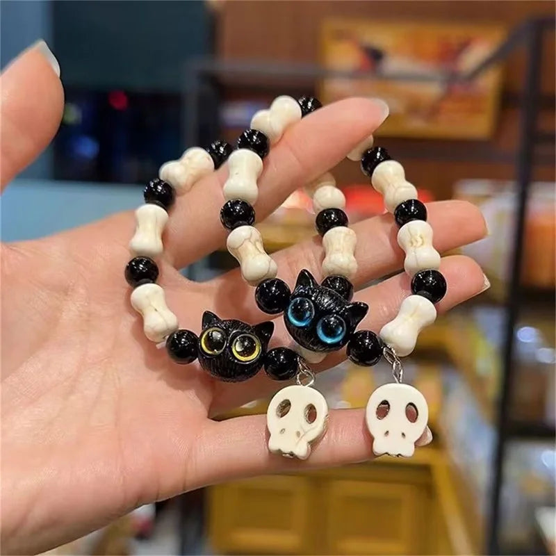 Handmade Adjustable Big Eye Cat Bracelet For Women Men Charm Luminous Beads Pet Bracelet Fashion Halloween Gothic Jewelry