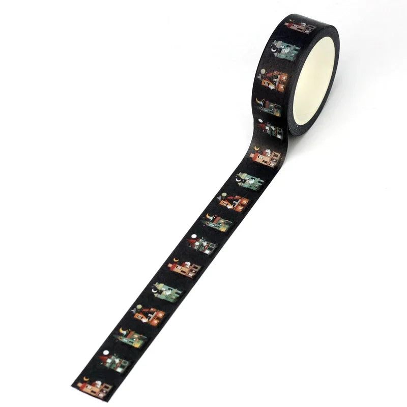 1pc 10M Deco Bat Rose Skull Black Cat Haunted House Halloween Masking Washi Tape Set for Scrapbooking Cute Journal Stationery