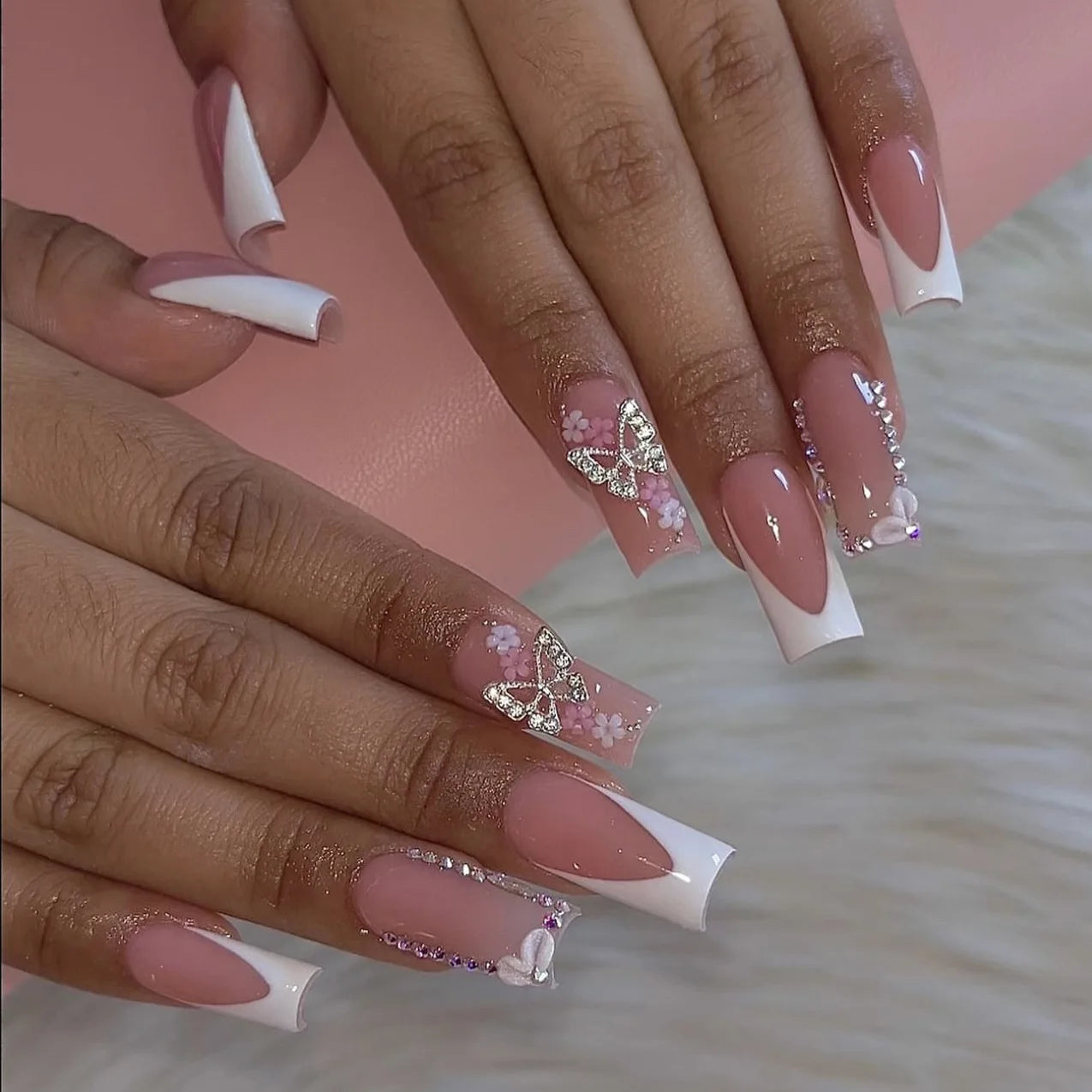 24Pcs Brown Long Coffin False Nails Glitter Ballet Wearable with French Design Fake nails Full Press on Nail Ins Nail Tips Art
