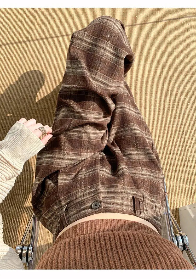 2024 New Arrival Autumn Winter Women High Waist Plaid Print Full Length Pants Casual Loose Fit Elastic Waist Wide Leg Pants V155
