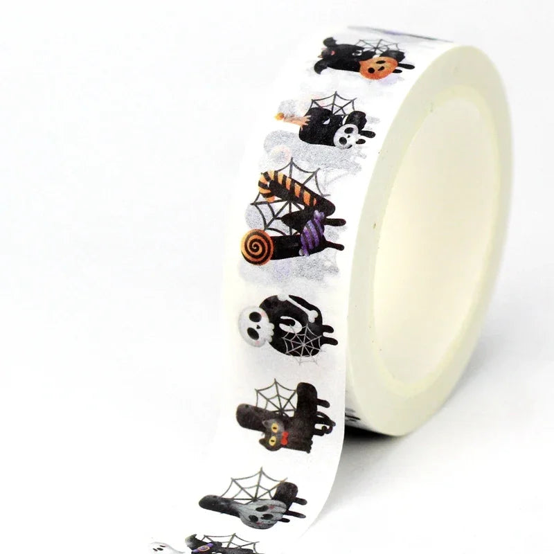 1pc 10M Deco Bat Rose Skull Black Cat Haunted House Halloween Masking Washi Tape Set for Scrapbooking Cute Journal Stationery