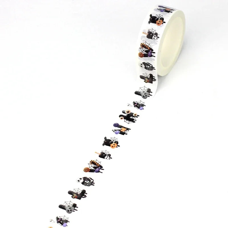 1pc 10M Deco Bat Rose Skull Black Cat Haunted House Halloween Masking Washi Tape Set for Scrapbooking Cute Journal Stationery