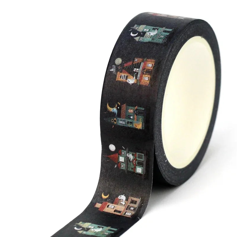 1pc 10M Deco Bat Rose Skull Black Cat Haunted House Halloween Masking Washi Tape Set for Scrapbooking Cute Journal Stationery