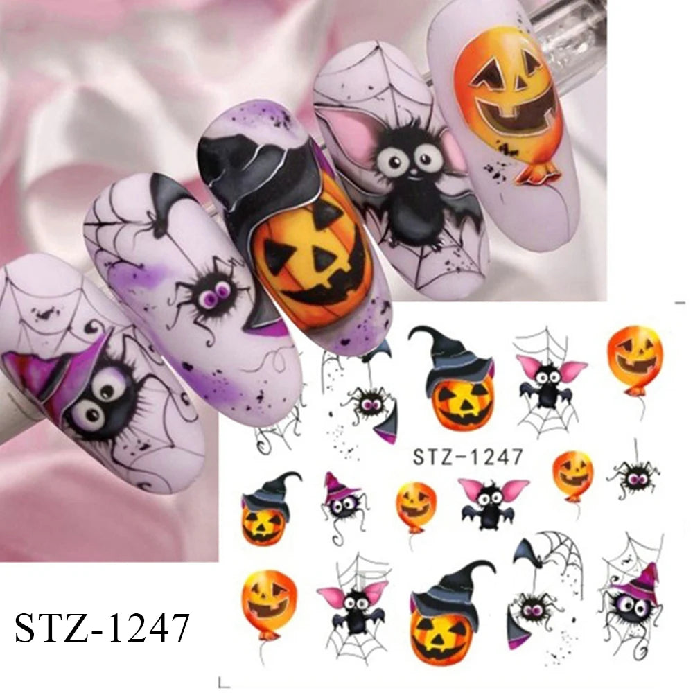 Halloween Nail Art Stickers Evil Pumpkin 3D Nail Decals Cartoon Skull Water Transfer Sticker DIY Festival Nail Decorations