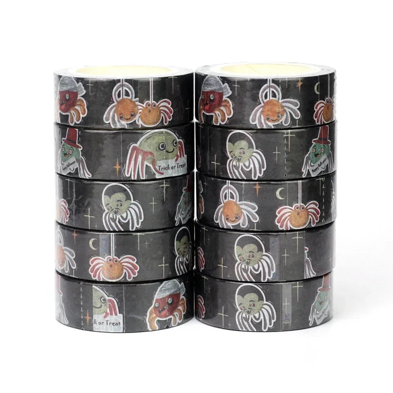 1pc 10M Deco Bat Rose Skull Black Cat Haunted House Halloween Masking Washi Tape Set for Scrapbooking Cute Journal Stationery