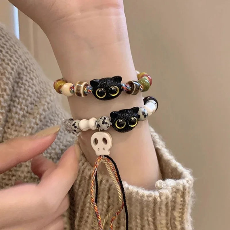 Handmade Adjustable Big Eye Cat Bracelet For Women Men Charm Luminous Beads Pet Bracelet Fashion Halloween Gothic Jewelry
