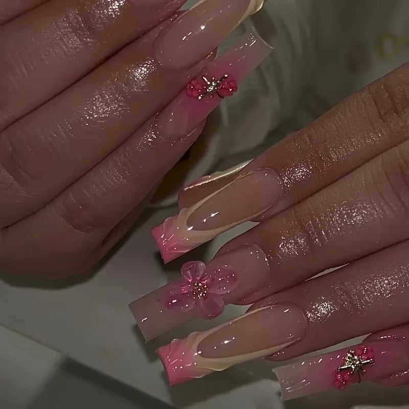 24Pcs Brown Long Coffin False Nails Glitter Ballet Wearable with French Design Fake nails Full Press on Nail Ins Nail Tips Art