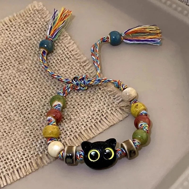 Handmade Adjustable Big Eye Cat Bracelet For Women Men Charm Luminous Beads Pet Bracelet Fashion Halloween Gothic Jewelry