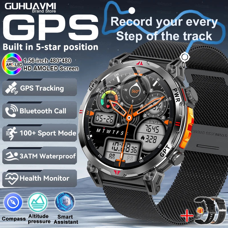 2025 New GPS Smart Watch AMOLED Screen 3ATM Waterproof Fitness tracking Heart Rate BT Call Professional Sports Smartwatch 650Mah
