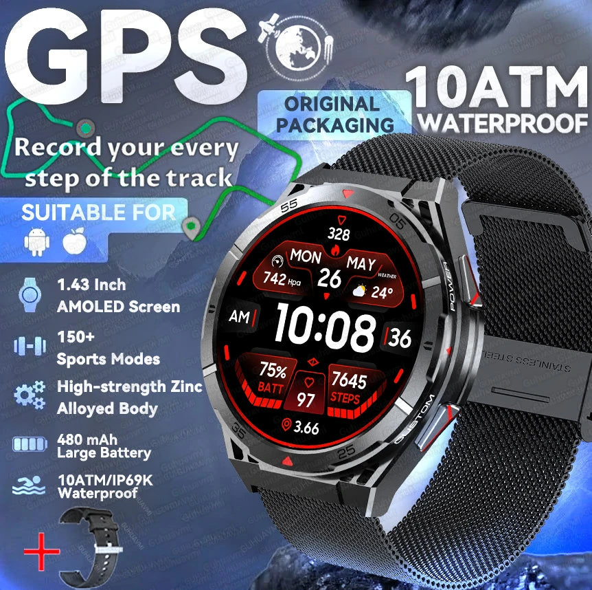 2025 New Dual-Band satellite GPS Sports Smart watch Men 1.43'' HD Screen Heart Rate Compass 10ATM Waterproof Swimming Smartwatch