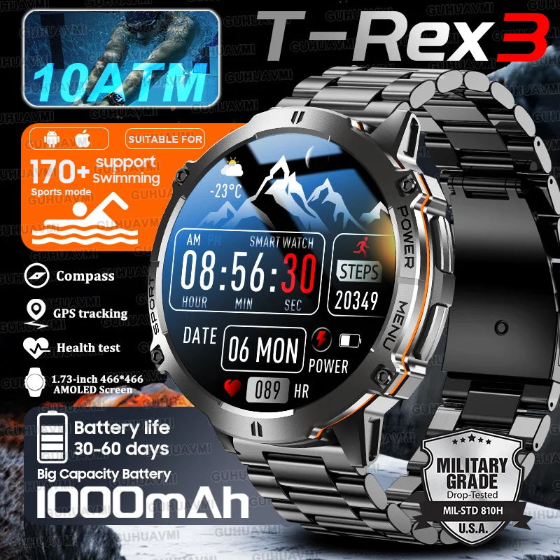2025 New T-Rex3 1000mAh Battery Sports SmartWatch 1.73" AMOLED Screen 10ATM Waterproof Compass Altimeter Military Smartwatch Men