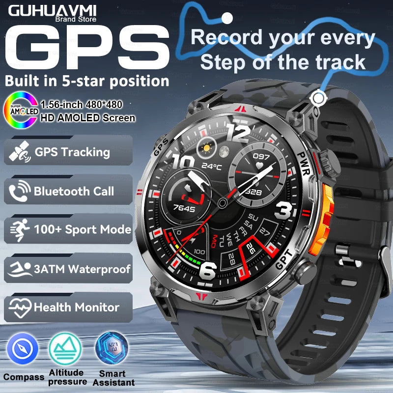2025 New GPS Smart Watch AMOLED Screen 3ATM Waterproof Fitness tracking Heart Rate BT Call Professional Sports Smartwatch 650Mah