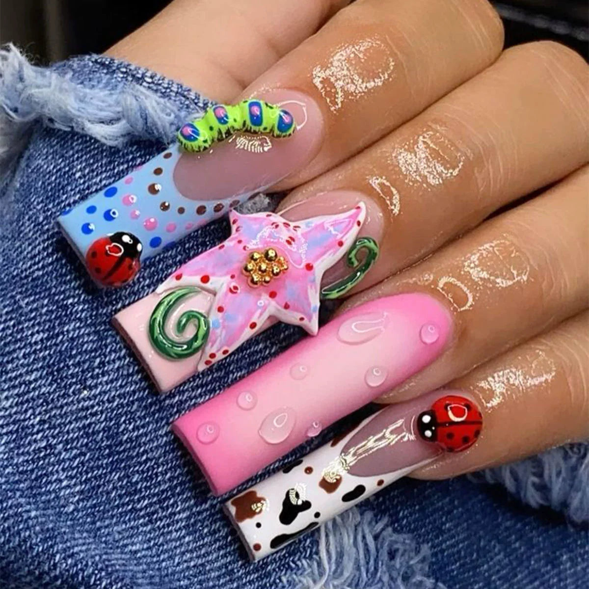 24Pcs Brown Long Coffin False Nails Glitter Ballet Wearable with French Design Fake nails Full Press on Nail Ins Nail Tips Art