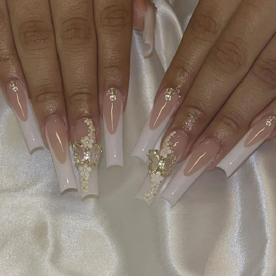 24Pcs Brown Long Coffin False Nails Glitter Ballet Wearable with French Design Fake nails Full Press on Nail Ins Nail Tips Art