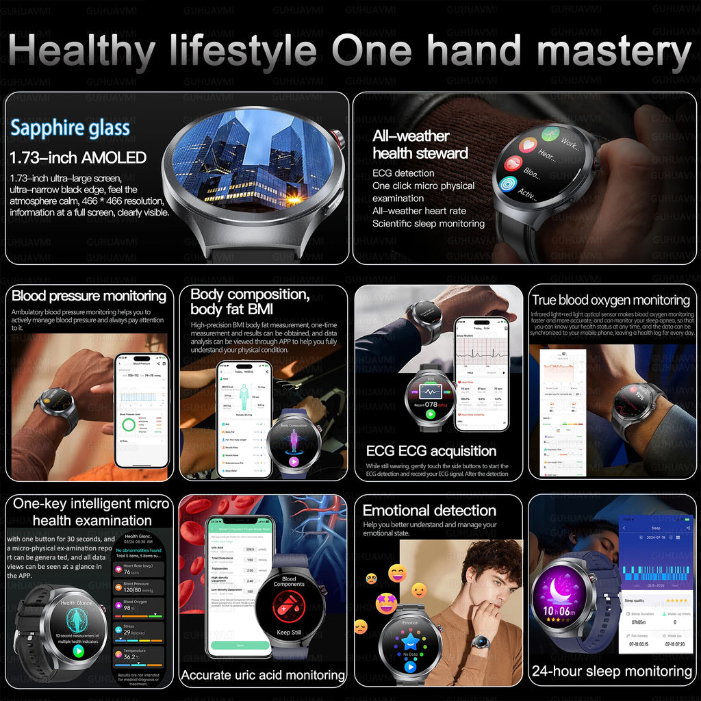 2025 New Health detection ECG+PPG Uric Acid Blood Oxygen Body Analysis Smart Watch Clock Bluetooth BT Call Smart Watch Men