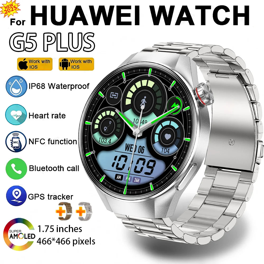 2025 New Watch G5 Plus GPS NFC Smart Watch Men Women 466*466 AMOLED Screen Heart Rate Bluetooth Call IP68 Waterproof Smartwatch