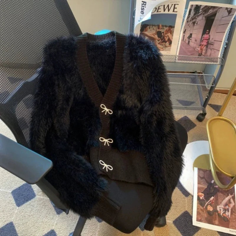 2025 Spring Autumn Women's Sweater Cardigan Jacket New Loose V-neck Imitation Mink Fur Sweater Jacket Female Knitted Tops Coat