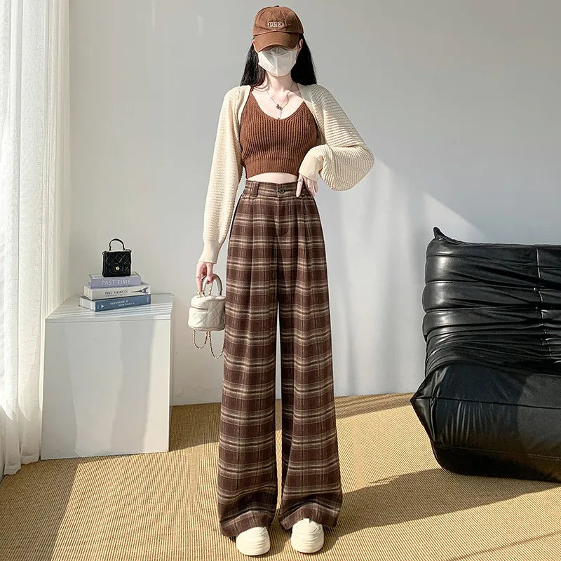 2024 New Arrival Autumn Winter Women High Waist Plaid Print Full Length Pants Casual Loose Fit Elastic Waist Wide Leg Pants V155