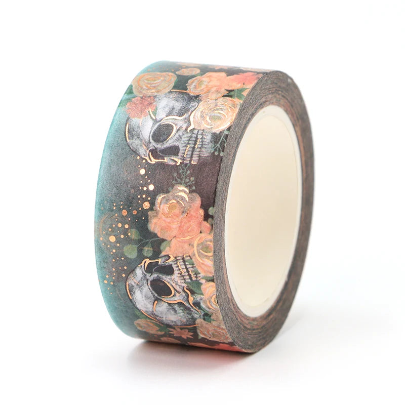 1PC. 10M Decorative Gold Foil Rose and Skull Halloween Washi Tape Kawaii Journal material Masking Tape Journaling Stationery