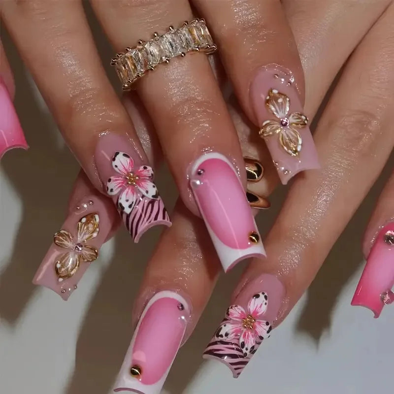 24Pcs Brown Long Coffin False Nails Glitter Ballet Wearable with French Design Fake nails Full Press on Nail Ins Nail Tips Art