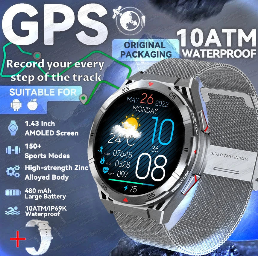 2025 New Dual-Band satellite GPS Sports Smart watch Men 1.43'' HD Screen Heart Rate Compass 10ATM Waterproof Swimming Smartwatch