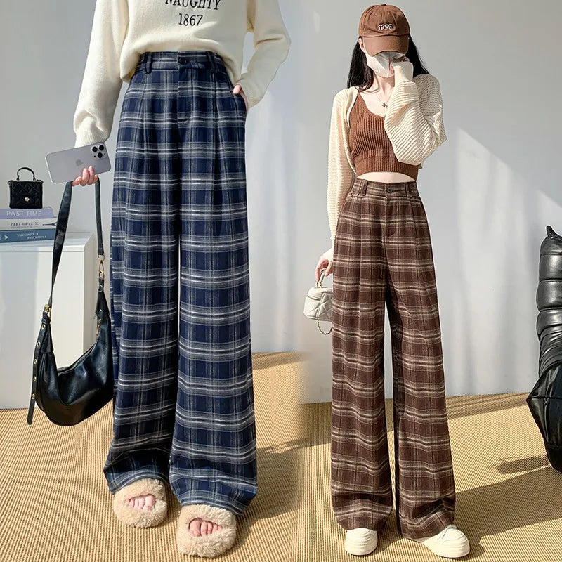 2024 New Arrival Autumn Winter Women High Waist Plaid Print Full Length Pants Casual Loose Fit Elastic Waist Wide Leg Pants V155