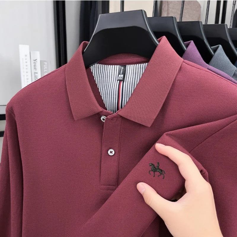 100% cotton trendy fashion spring and autumn new comfortable polo shirt men's exquisite brand pony embroidered long sleeved top