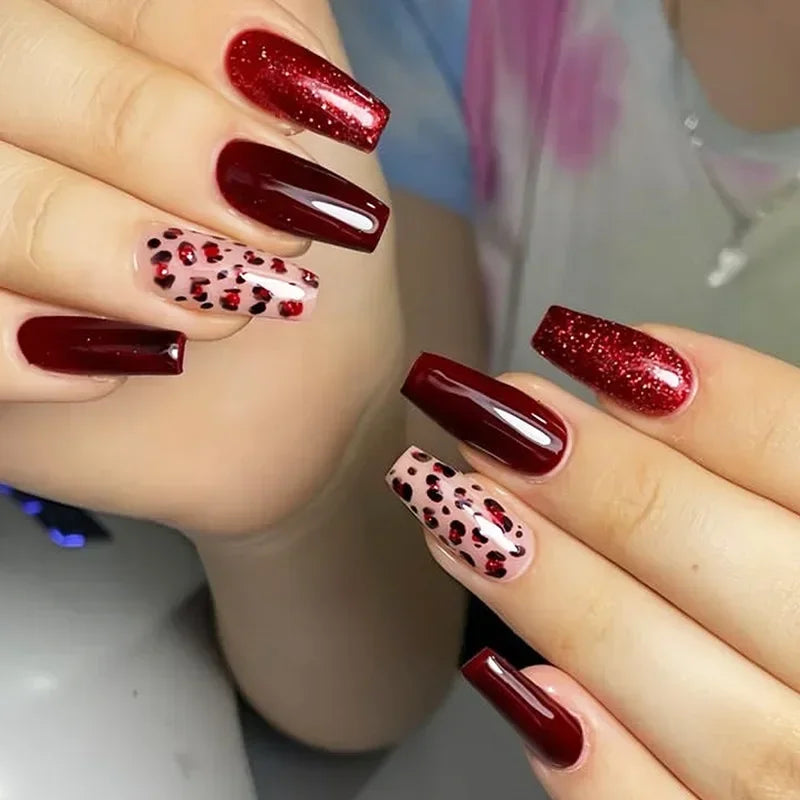 24Pcs Brown Long Coffin False Nails Glitter Ballet Wearable with French Design Fake nails Full Press on Nail Ins Nail Tips Art