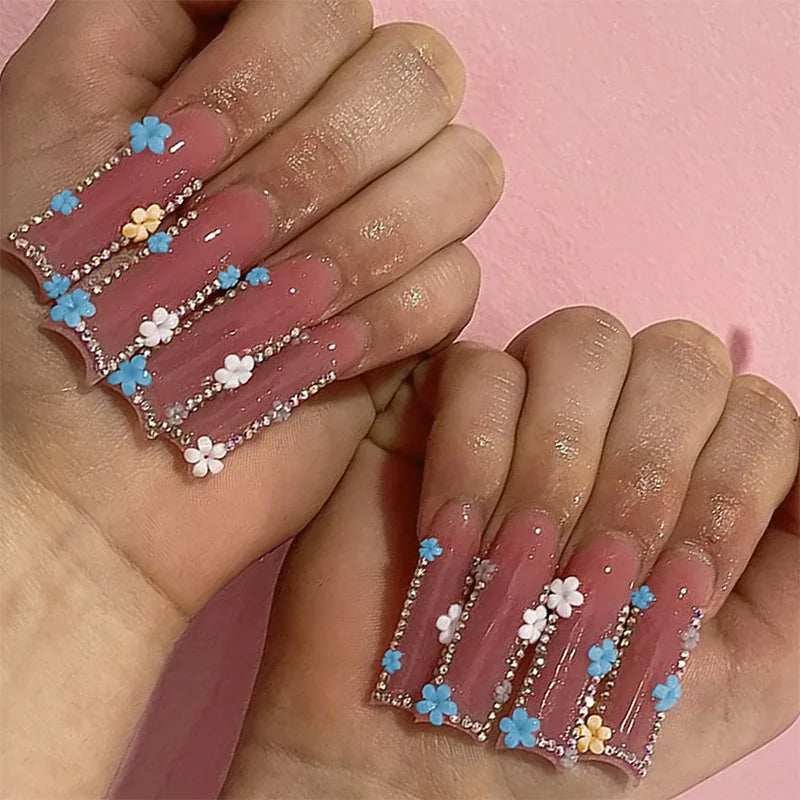24Pcs Brown Long Coffin False Nails Glitter Ballet Wearable with French Design Fake nails Full Press on Nail Ins Nail Tips Art