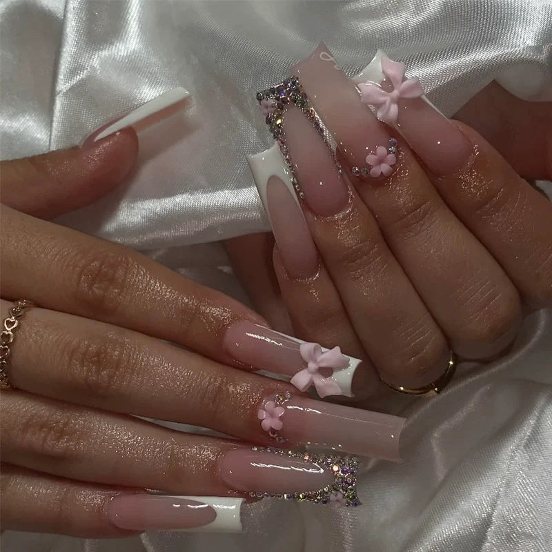 24Pcs Brown Long Coffin False Nails Glitter Ballet Wearable with French Design Fake nails Full Press on Nail Ins Nail Tips Art