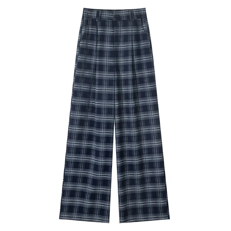 2024 New Arrival Autumn Winter Women High Waist Plaid Print Full Length Pants Casual Loose Fit Elastic Waist Wide Leg Pants V155