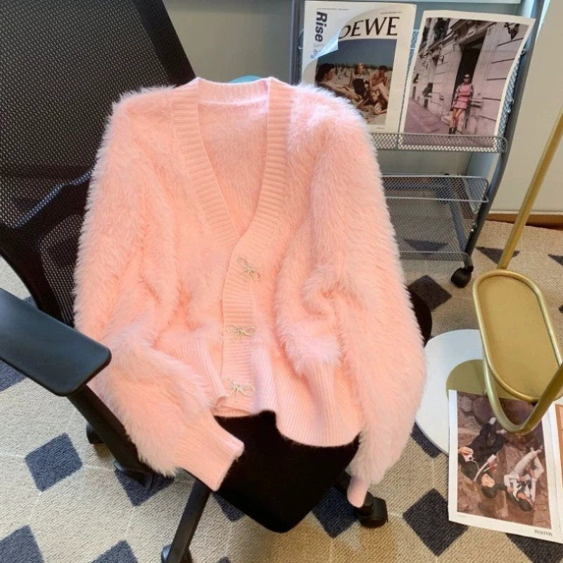 2025 Spring Autumn Women's Sweater Cardigan Jacket New Loose V-neck Imitation Mink Fur Sweater Jacket Female Knitted Tops Coat