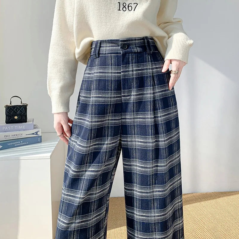 2024 New Arrival Autumn Winter Women High Waist Plaid Print Full Length Pants Casual Loose Fit Elastic Waist Wide Leg Pants V155
