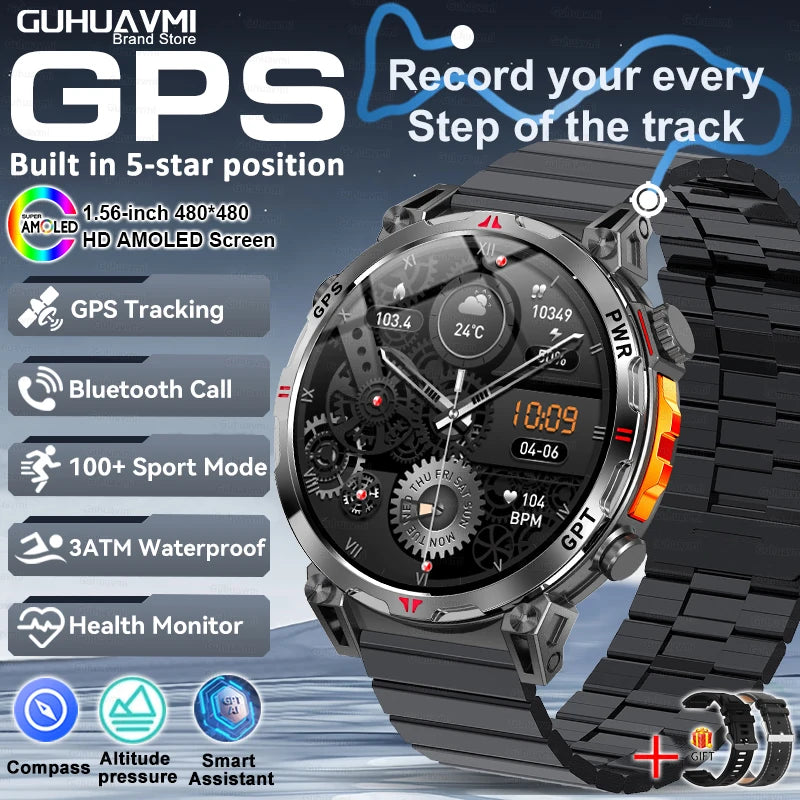 2025 New GPS Smart Watch AMOLED Screen 3ATM Waterproof Fitness tracking Heart Rate BT Call Professional Sports Smartwatch 650Mah