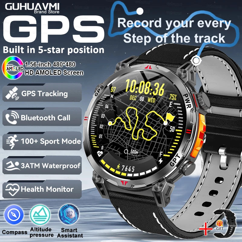 2025 New GPS Smart Watch AMOLED Screen 3ATM Waterproof Fitness tracking Heart Rate BT Call Professional Sports Smartwatch 650Mah