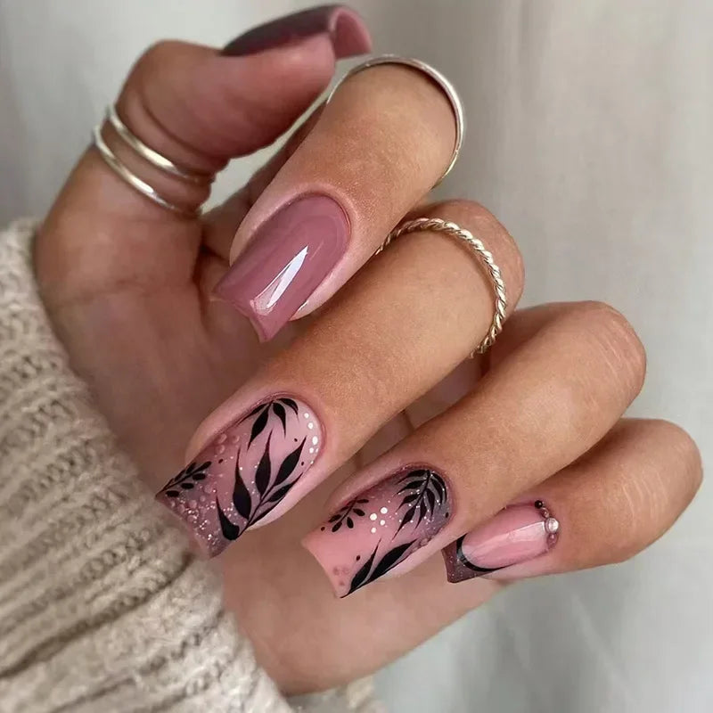 24Pcs Brown Long Coffin False Nails Glitter Ballet Wearable with French Design Fake nails Full Press on Nail Ins Nail Tips Art