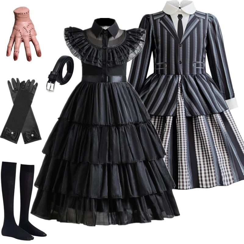 2025 Wednesday Costume Girl Kids Black Dress 3-12Y Children Halloween Party Black Gothic Cosplay Costumes Daily Casual Outfits