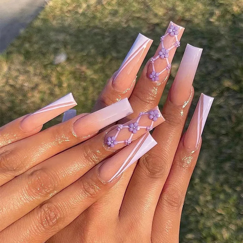 24Pcs Brown Long Coffin False Nails Glitter Ballet Wearable with French Design Fake nails Full Press on Nail Ins Nail Tips Art