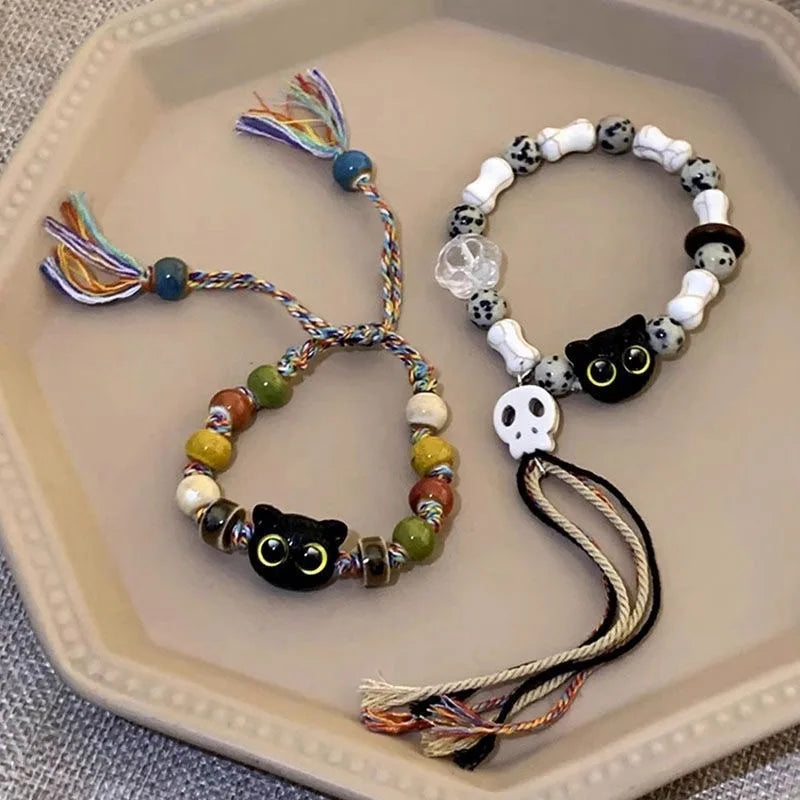 Handmade Adjustable Big Eye Cat Bracelet For Women Men Charm Luminous Beads Pet Bracelet Fashion Halloween Gothic Jewelry