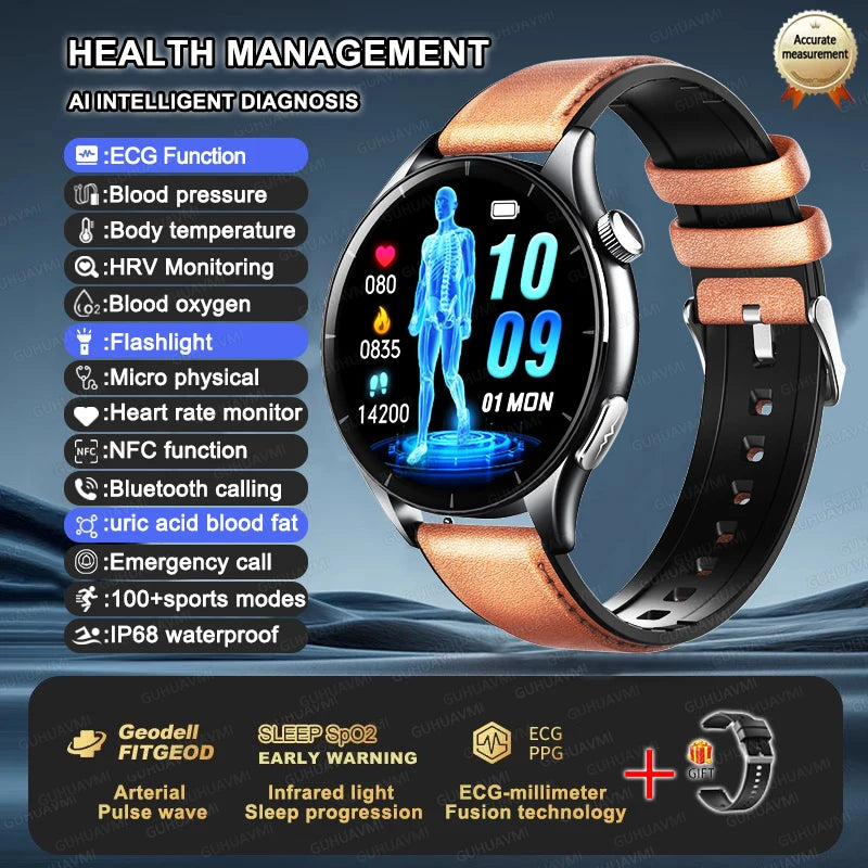 2025 New Health Analysis ECG+PPG Smart Watch Body Fat Uric Acid Blood Pressure Heart Rate Tracker NFC Smartwatch For Android IOS