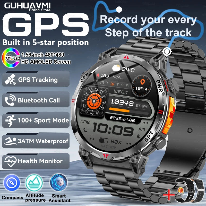 2025 New GPS Smart Watch AMOLED Screen 3ATM Waterproof Fitness tracking Heart Rate BT Call Professional Sports Smartwatch 650Mah