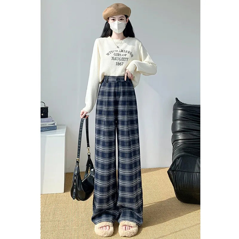 2024 New Arrival Autumn Winter Women High Waist Plaid Print Full Length Pants Casual Loose Fit Elastic Waist Wide Leg Pants V155